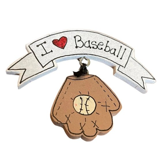 I Love Baseball Hand Painted Pin Glove and Ball Pendant Wooden - Picture 4 of 7